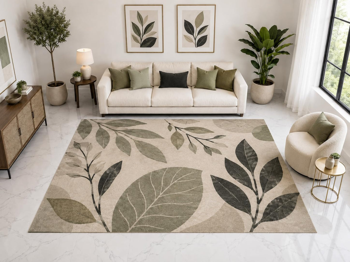 ICE ARMOR Large 6'7" x 9'10" Abstract Botanical Area Rug, Soft Low Pile Indoor Rug and Non-Slip Silicone Backing for Living Room Bedroom Family Room, Sage Gray