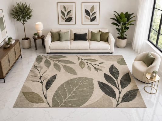 ICE ARMOR Large 6'7" x 9'10" Abstract Botanical Area Rug, Soft Low Pile Indoor Rug and Non-Slip Silicone Backing for Living Room Bedroom Family Room, Sage Gray