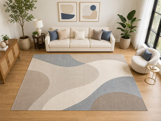 ICE ARMOR "Ultra Light Weight Large 6'7" x 9'10" Flowing Curve Area Rug, Soft Low Pile Indoor Rug and Non-Slip Silicone Backing for Living Room Bedroom, Blue Beige