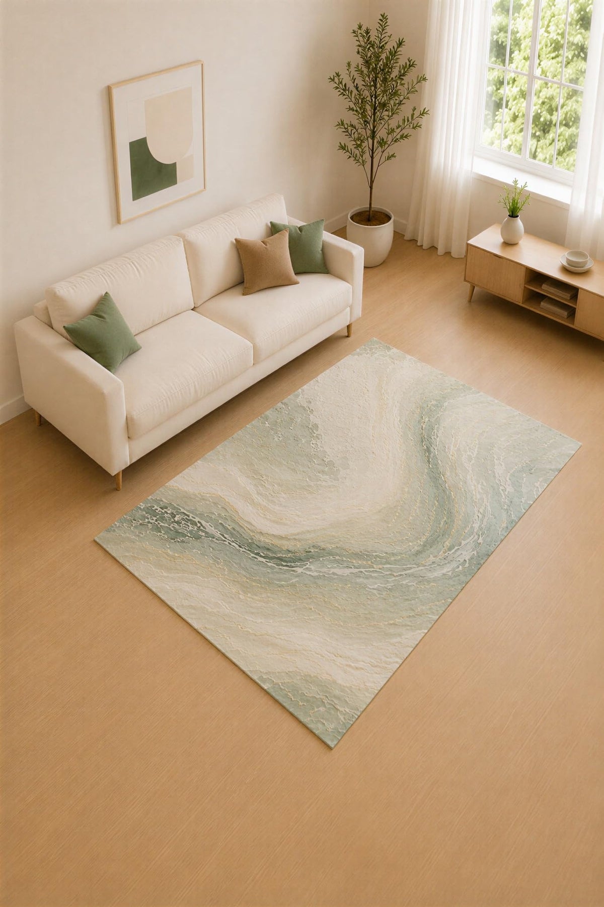 ICE ARMOR 5' x 7' Sage and Cream Gentle Current Area Rug for Living Room, Soft Low Pile Carpet with Non-Slip Silicone Backing, Decor for Bedroom and Home Office