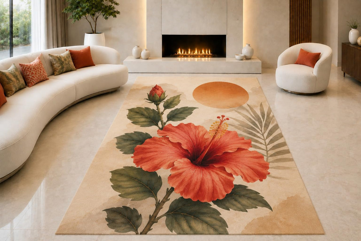 ICE ARMOR "Ultra Lightweight Large 6'7" x 9'10" Hibiscus Sunset Circle Area Rug for Living Room, Bedroom and Home Office, Soft Low Pile Carpet with Non-Slip Silicone Backing, Red and Beige
