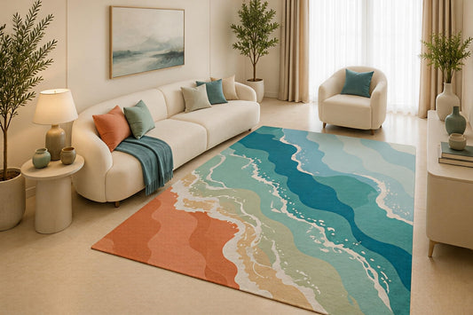ICE ARMOR 5' x 7' Coastal Abstract Area Rug, Teal Coral Beach Wave Art Design for Living Room Bedroom Guest Room, Non-Slip Silicone Backing, Low Pile Carpet
