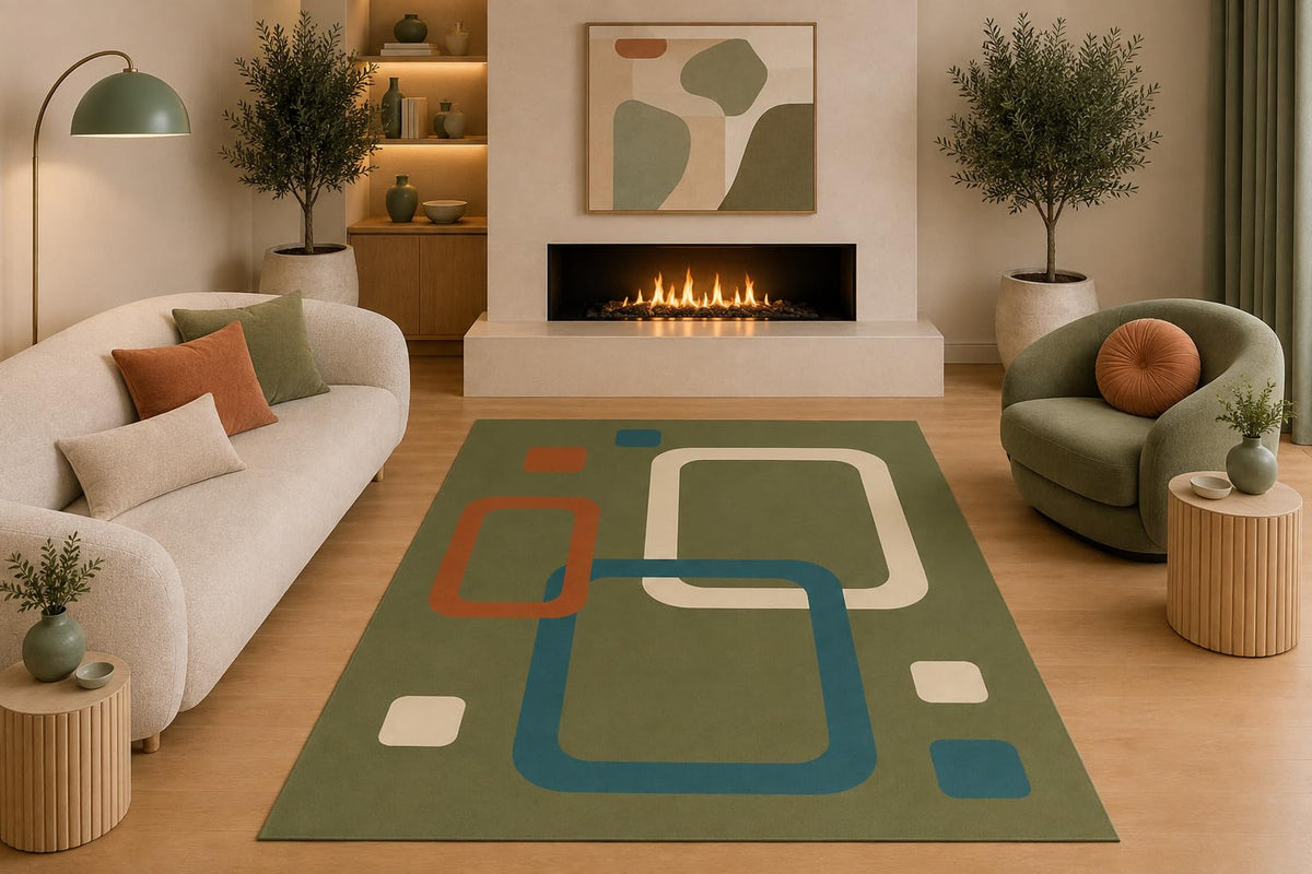 ICE ARMOR 5' x 7' Mid Century Modern Geometric Area Rug Olive Green Teal Rust Cream Abstract Squares for Living Room Bedroom Office Non-Slip Silicone Backing Low Pile
