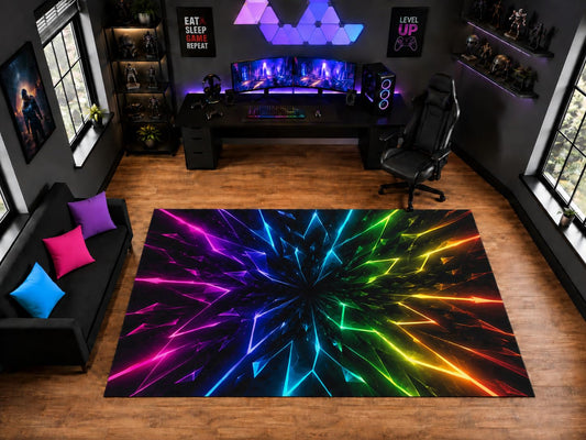 ICE ARMOR "Ultra Light Weight Large 6'7" x 9'10" Rainbow Shard Burst Pattern Area Rug for Playroom Decor, Soft Low Pile Indoor Rug with Non-Slip Silicone Backing, Black Multicolor