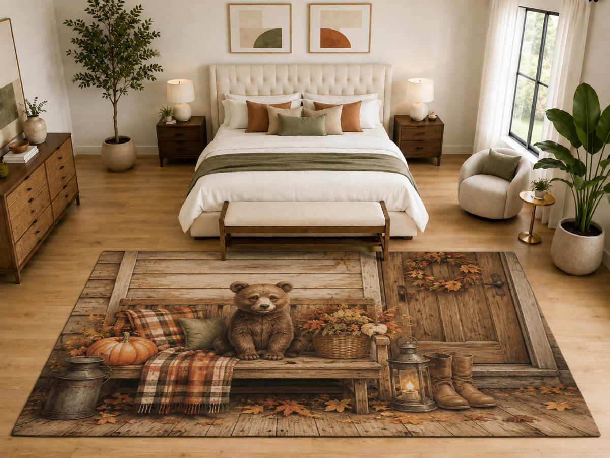 ICE ARMOR "Ultra Light Weight Large 6'7" x 9'10" Bear Cub Autumn Porch Area Rug, Soft Low Pile Indoor Rug, Non-Slip Silicone Backing, Bedroom, Brown