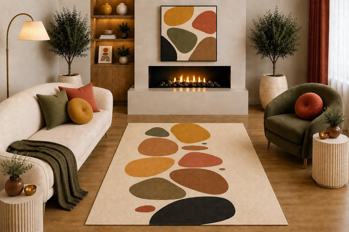 ICE ARMOR "Ultra Light Weight 5' x 7' Mid Century Modern Area Rug Mustard Terracotta Olive Black Abstract Pebble Geometric Design for Living Room Bedroom Office Non-Slip Silicone Backing Low Pile