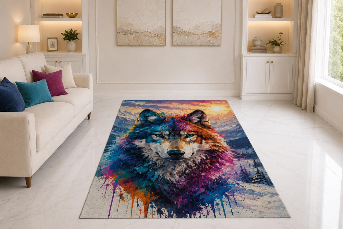 ICE ARMOR "Ultra Thin 5' x 7" Sunset Wolf Splash Area Rug for Living Room, Bedroom and Home Office, Soft Low Pile Carpet with Non-Slip Silicone Backing, Purple and Orange