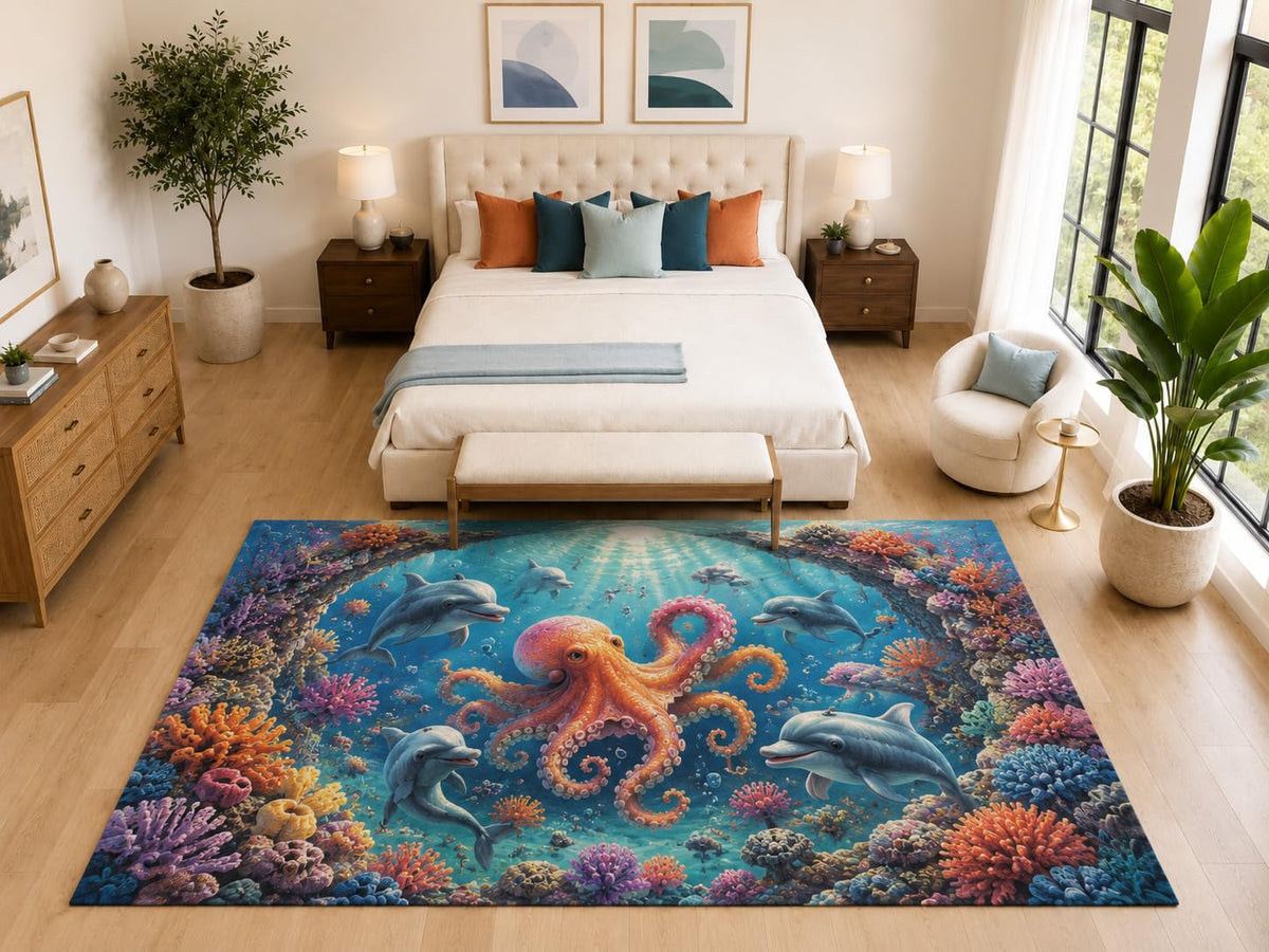 ICE ARMOR "Ultra Light Weight Large 6'7" x 9'10" Octopus Dolphin Reef Rug for Kids Room, Soft Low Pile Indoor Rug and Non-Slip Silicone Backing, Blue