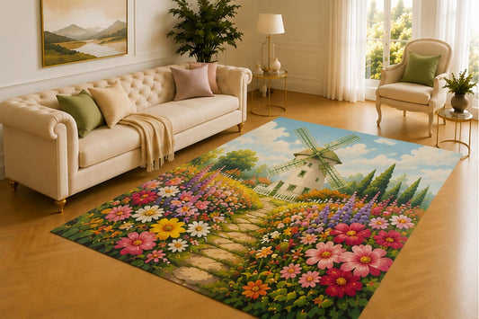 ICE ARMOR 5' x 7' Windmill Garden Rug, White Country Mill Beyond a Bright Wildflower Path, Charming Cottage Decor for Living Room, Bedroom, Entryway or Sunroom