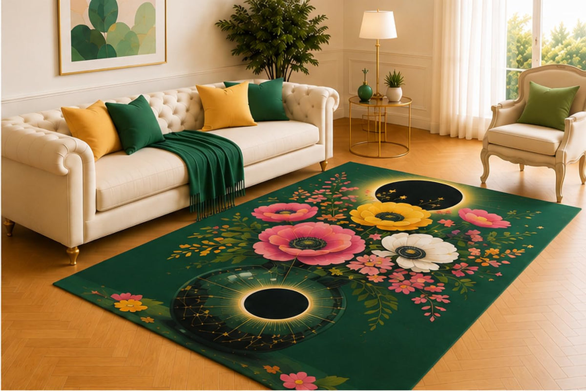 ICE ARMOR 5' x 7' Eclipse Blossom Rug, Pink, White and Yellow Flowers with Golden Halos on Deep Green, Mystical Decor for Bedroom, Lounge, Studio or Reading Nook