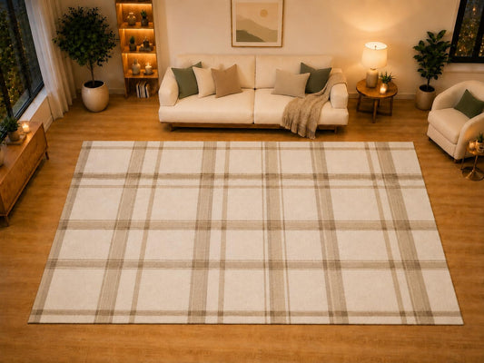 ICE ARMOR "Ultra Light Weight Large 6'7" x 9'10" Wide Neutral Plaid Area Rug for Living Room, Bedroom, Dining Room, Soft Low Pile Non-Slip Backing, Linen Mocha
