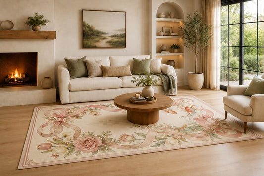 ICE ARMOR Large 6'7" x 9'10" Blush Pink and Ivory Rose Ribbon Koi Area Rug for Living Room, Soft Low Pile Carpet with Non-Slip Silicone Backing, Decor for Bedroom, Dining Area and Home Office
