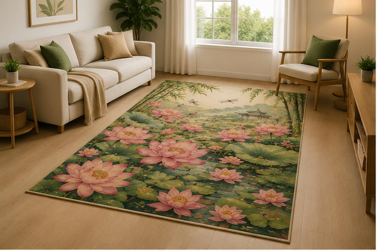 ICE ARMOR 5' x 7' Botanical Floral Area Rug for Living Room, Soft Low Pile Indoor Rug with Non-Slip Silicone Backing, Decorative Carpet for Bedroom, Dining Room, Family Room, Green White