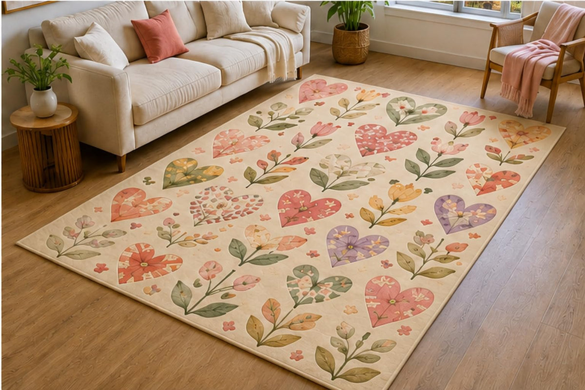 ICE ARMOR 5' x 7' Patchwork Heart Garden Area Rug for Living Room, Soft Low Pile Indoor Rug with Non-Slip Silicone Backing, Decorative Carpet for Bedroom, Nursery, Kids Room, Kids & Pets, Pastel