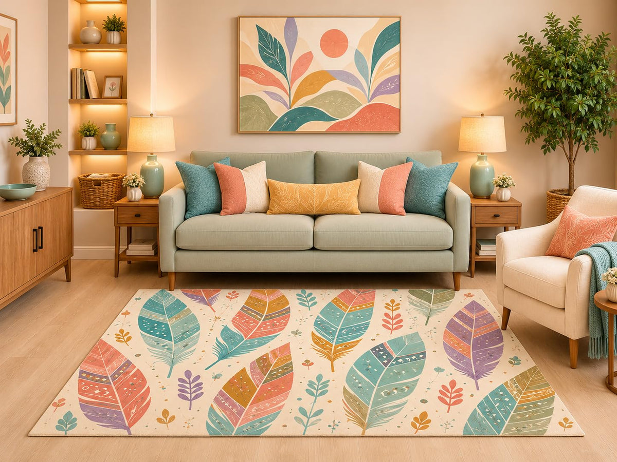 ICE ARMOR 5' x 7' Boho Colorful Feather Area Rug Scandinavian Botanical Nature Leaf Pattern for Living Room Bedroom Nursery Kids Room Playroom Non-Slip Silicone Backing Low Pile