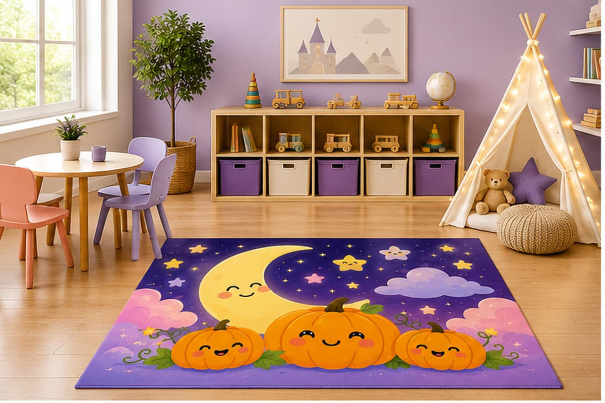 ICE ARMOR 5' x 7' Smiling Pumpkin Moon Kids Area Rug, Cute Moon Stars Pumpkins Kawaii Cartoon Playroom Nursery Bedroom Decor, Non-Slip Silicone Backing Low Pile