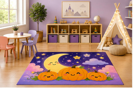 ICE ARMOR 5' x 7' Smiling Pumpkin Moon Kids Area Rug, Cute Moon Stars Pumpkins Kawaii Cartoon Playroom Nursery Bedroom Decor, Non-Slip Silicone Backing Low Pile
