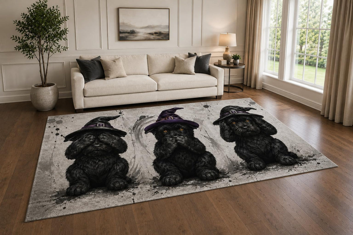 ICE ARMOR "Ultra Lightweight Large 6'7" x 9'10" Witch Hat Dog Trio Area Rug for Living Room, Bedroom and Home Office, Soft Low Pile Carpet with Non-Slip Silicone Backing, Black and Gray