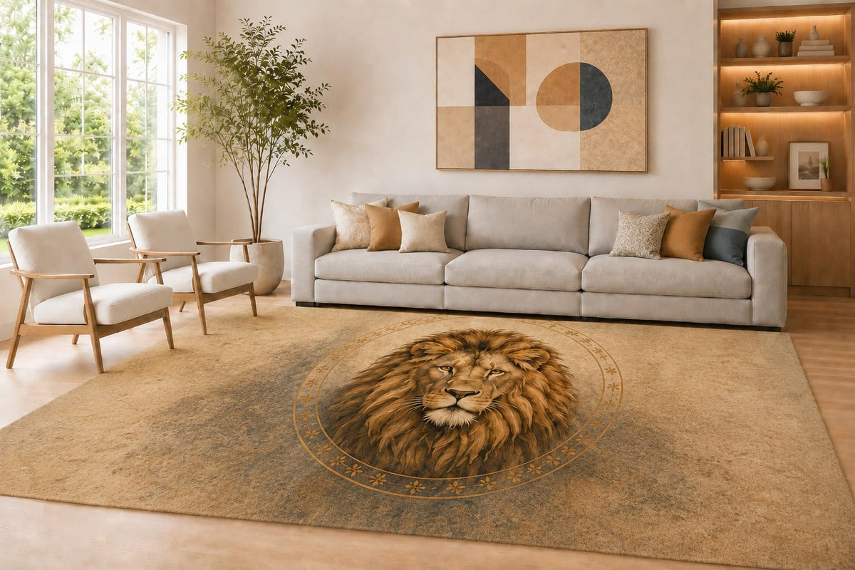 ICE ARMOR Large 6'7" x 9'10" Brown & Beige Lion Emblem Area Rug for Living Room, Soft Low Pile Carpet with Non-Slip Silicone Backing, Decor for Bedroom & Home Office