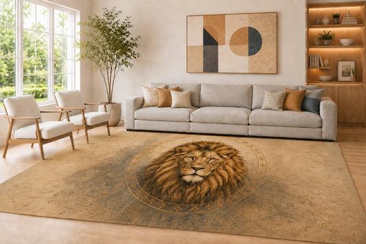 ICE ARMOR Large 6'7" x 9'10" Brown & Beige Lion Emblem Area Rug for Living Room, Soft Low Pile Carpet with Non-Slip Silicone Backing, Decor for Bedroom & Home Office