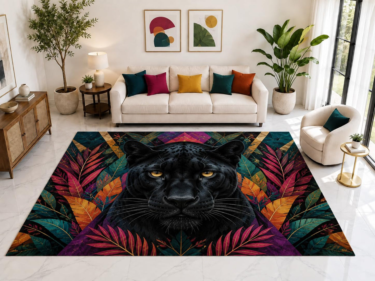 ICE ARMOR "Ultra Light Weight Large 6'7" x 9'10" Jungle Panther Rug, Soft Low Pile Indoor Rug, Non-Slip Silicone Backing for Family Room Multicolor