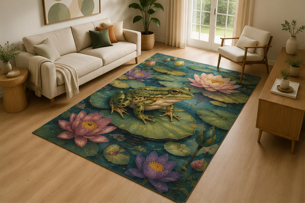 ICE ARMOR 5' x 7' Frog Water Lily Area Rug for Living Room, Soft Low Pile Indoor Rug with Non-Slip Silicone Backing, Pond Nature Decor for Bedroom, Nursery, Kids Room, Playroom, Kids & Pets
