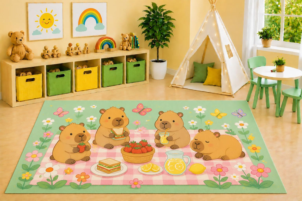 ICE ARMOR 5' x 7' Capybara Picnic Area Rug, Cute Kawaii Strawberry Lemonade Garden Cartoon Kids Playroom Nursery Bedroom Decor, Non-Slip Silicone Backing Low Pile