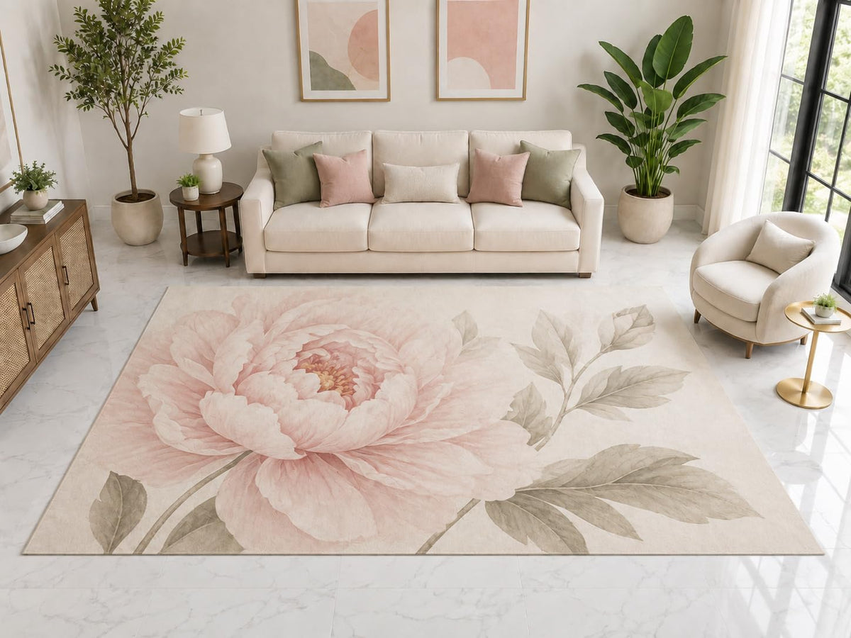ICE ARMOR "Ultra Light Weight Large 6'7" x 9'10" Pink Peony Floral Rug, Soft Low Pile Indoor Rug, Non-Slip Silicone Backing for Bedroom Cream Pink