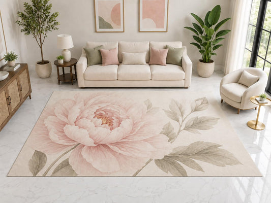 ICE ARMOR "Ultra Light Weight Large 6'7" x 9'10" Pink Peony Floral Rug, Soft Low Pile Indoor Rug, Non-Slip Silicone Backing for Bedroom Cream Pink