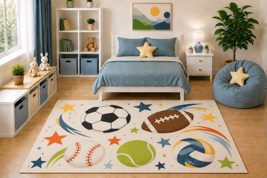 ICE ARMOR 5' x 7' Kids Area Rug Colorful Sports Stars Rug Soccer Football Baseball Tennis Volleyball Bedroom Playroom Decor Non-Slip Silicone Backing Low Pile