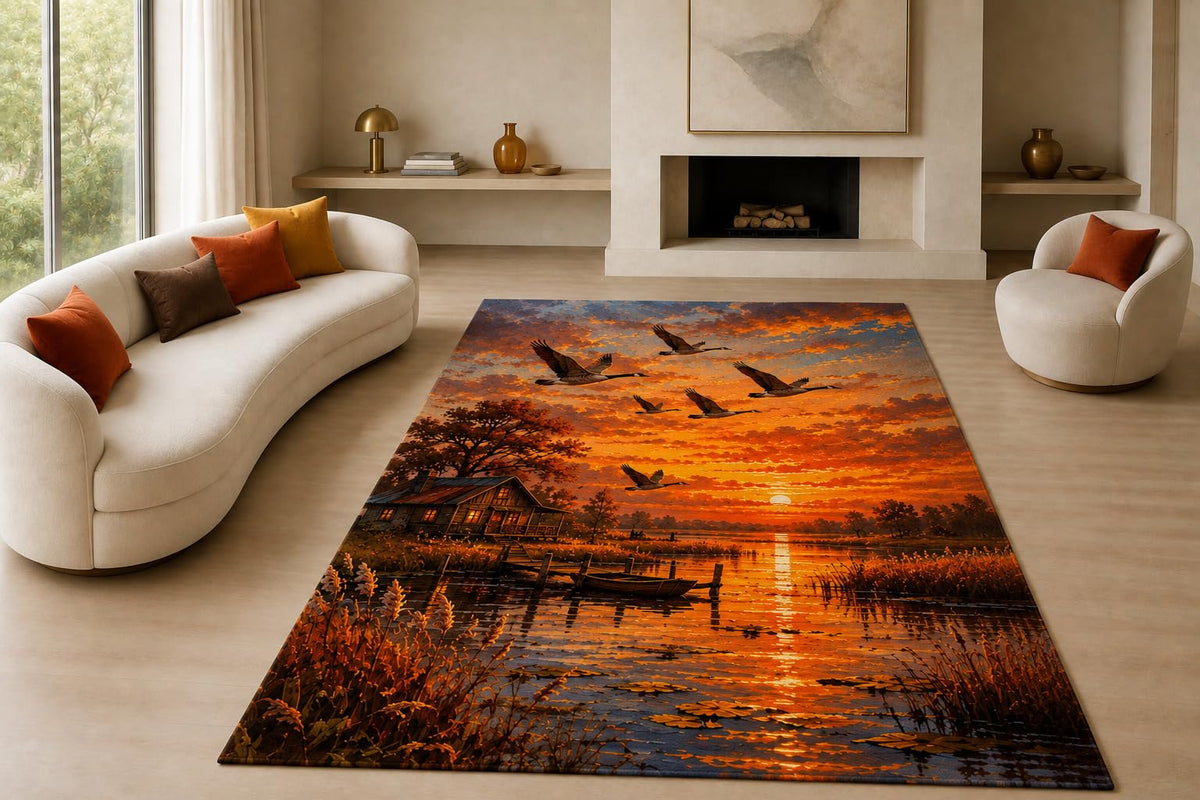 ICE ARMOR "Ultra Lightweight Large 6'7" x 9'10" Geese Lake Sunset Area Rug for Living Room, Bedroom and Home Office, Soft Low Pile Carpet with Non-Slip Silicone Backing, Orange and Brown