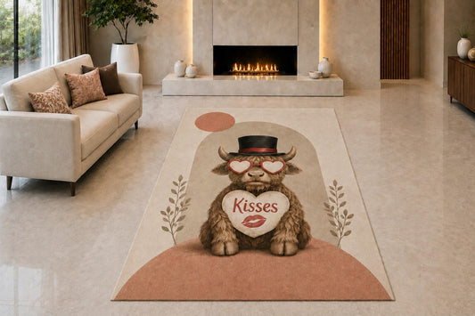 ICE ARMOR "Ultra Light Weight 5' x 7' Highland Cow Kisses Area Rug for Living Room, Bedroom and Home Office, Soft Low Pile Carpet with Non-Slip Silicone Backing, Brown and Pink