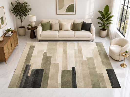 ICE ARMOR Large 6'7" x 9'10" Abstract Skyline Area Rug, Soft Low Pile Indoor Rug and Non-Slip Silicone Backing for Living Room Bedroom, Gray Green