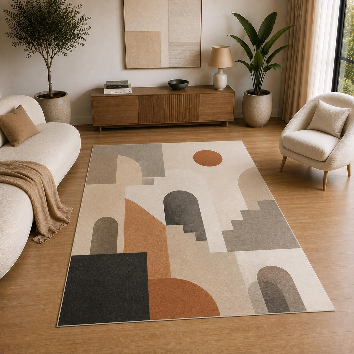 ICE ARMOR 5' x 7' Abstract Architectural Geometric Area Rug for Living Room, Soft Low Pile Indoor Rug with Non-Slip Silicone Backing, Decorative Carpet for Bedroom, Office, Family Room, Beige