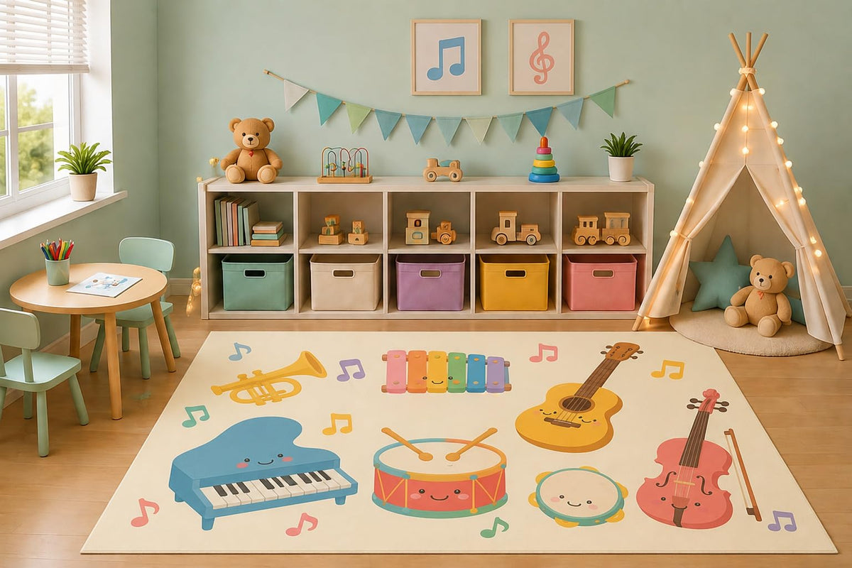 ICE ARMOR 5' x 7' Musical Instruments Area Rug for Kids Playroom Nursery Bedroom, Piano Guitar Drum Microphone Cartoon Music Carpet, Non-Slip Silicone Backing Low Pile