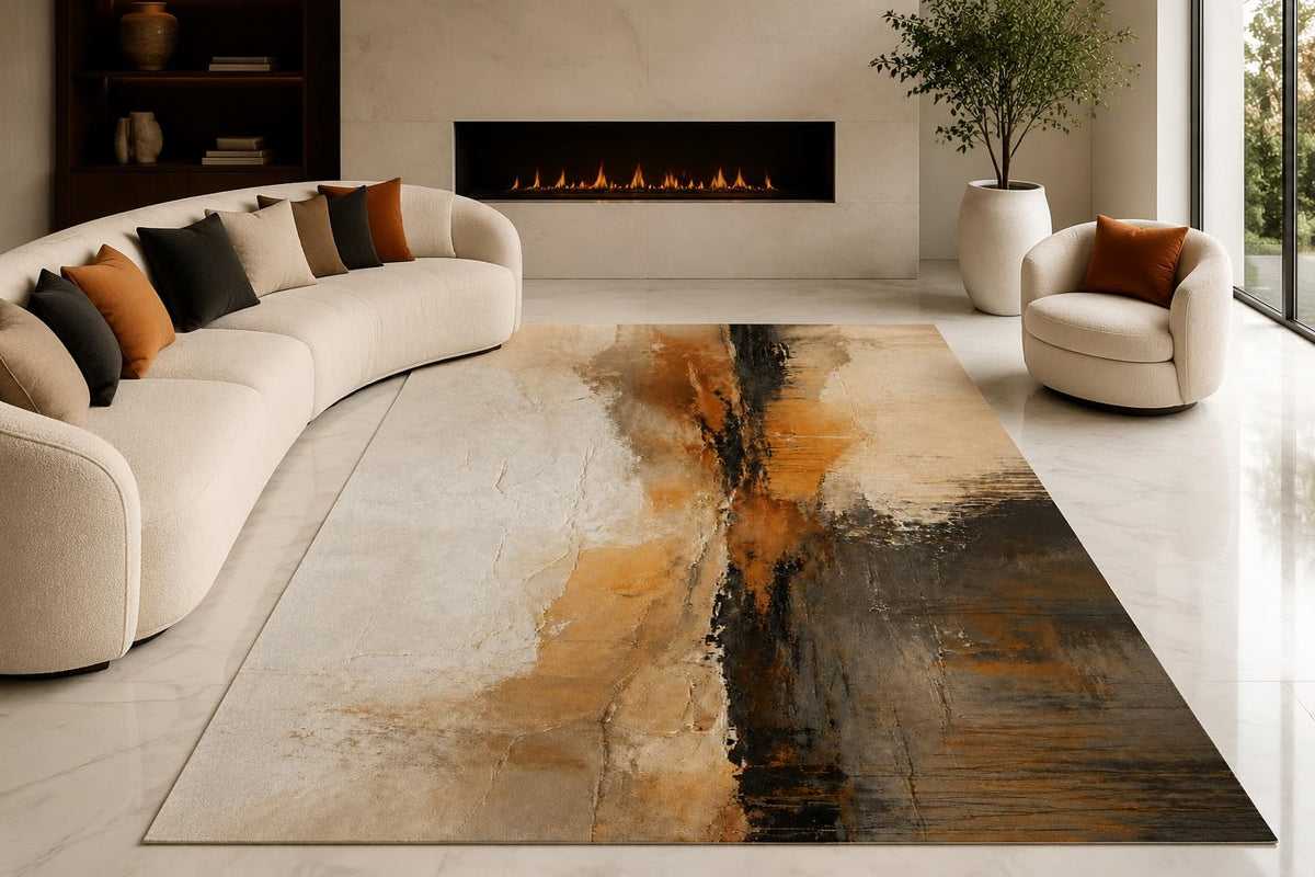 ICE ARMOR "Ultra Lightweight Large 6'7" x 9'10" Earthy Ink Flow Area Rug for Living Room, Bedroom and Home Office, Soft Low Pile Carpet with Non-Slip Silicone Backing, Orange and Charcoal