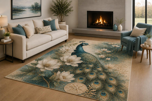 ICE ARMOR 6'7" x 9'10" Peacock Floral Area Rug for Living Room, Soft Low Pile Indoor Rug with Non-Slip Silicone Backing, Decorative Floor Carpet for Bedroom, Dining Room and Home Office, Teal