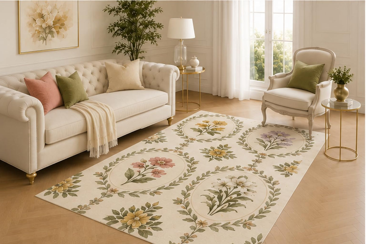 ICE ARMOR 5' x 7' Floral Medallion Area Rug, Elegant Low Pile Indoor Carpet with Non-Slip Silicone Backing for Living Room, Bedroom, Dining Space, Office, Kids and Pets