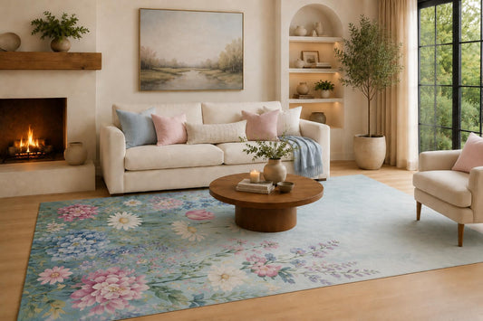 ICE ARMOR Large 6'7" x 9'10" Light Blue and Blush Floral Corner Garden Area Rug for Living Room, Soft Low Pile Carpet with Non-Slip Silicone Backing, Decor for Bedroom and Home Office