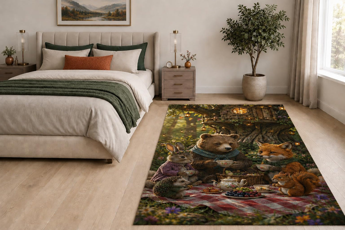 ICE ARMOR "Ultra Light Weight 5' x 7' Woodland Tea Party Area Rug for Living Room, Bedroom and Home Office, Soft Low Pile Carpet with Non-Slip Silicone Backing, Brown and Green