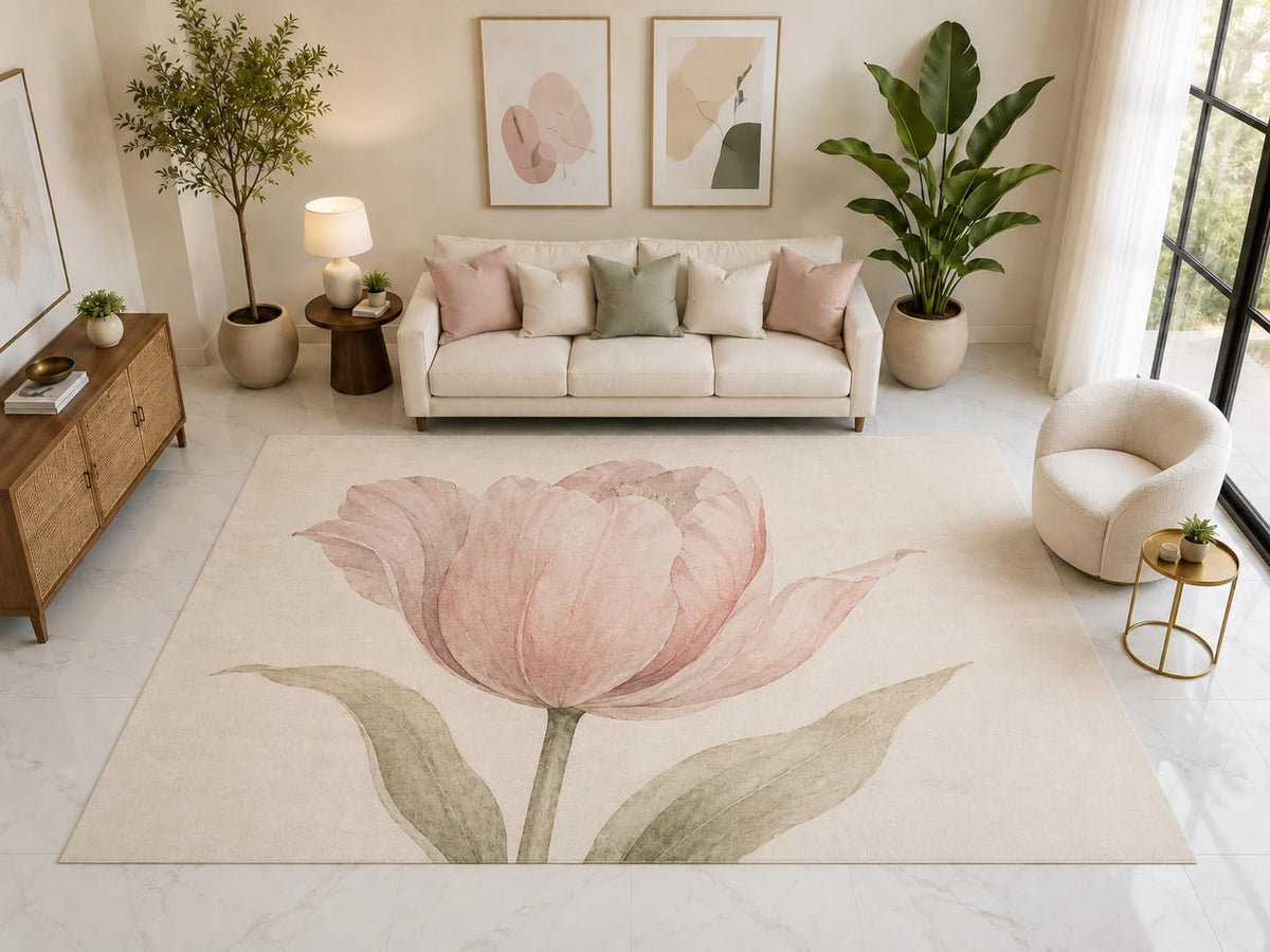 ICE ARMOR "Ultra Light Weight Large 6'7" x 9'10" Single Tulip Floral Rug, Soft Low Pile Indoor Rug, Non-Slip Silicone Backing for Living Room Pink