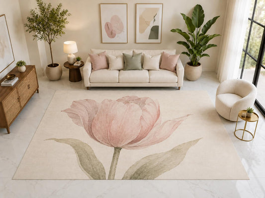 ICE ARMOR "Ultra Light Weight Large 6'7" x 9'10" Single Tulip Floral Rug, Soft Low Pile Indoor Rug, Non-Slip Silicone Backing for Living Room Pink