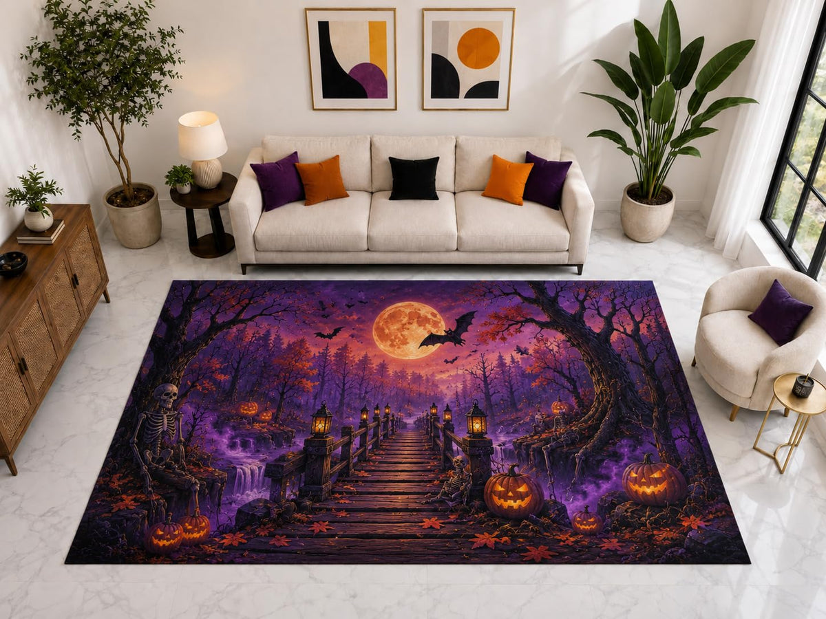 ICE ARMOR "Ultra Light Weight Large 6'7" x 9'10" Haunted Bridge Rug, Soft Low Pile Indoor Rug, Non-Slip Silicone Backing for Living Room Purple