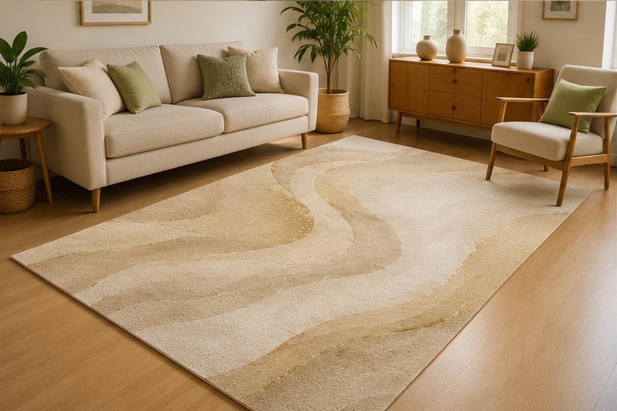 ICE ARMOR 5' x 7' Neutral Flowing Wave Area Rug for Living Room, Soft Low Pile Indoor Rug with Non-Slip Silicone Backing, Modern Abstract Carpet for Bedroom, Dining Room, Office, Beige Cream