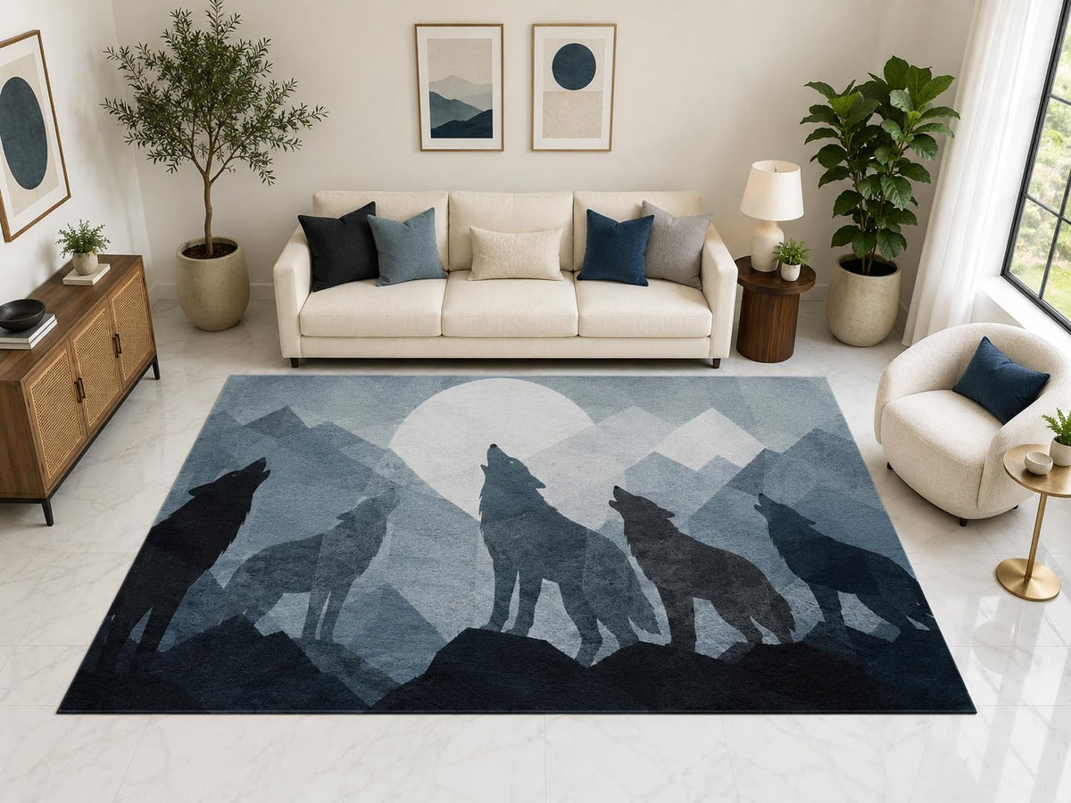 ICE ARMOR "Ultra Light Weight Large 6'7" x 9'10" Howling Wolf Pack Area Rug Carpet Soft Low Pile Indoor Rug and Non-Slip Silicone Backing Blue Gray