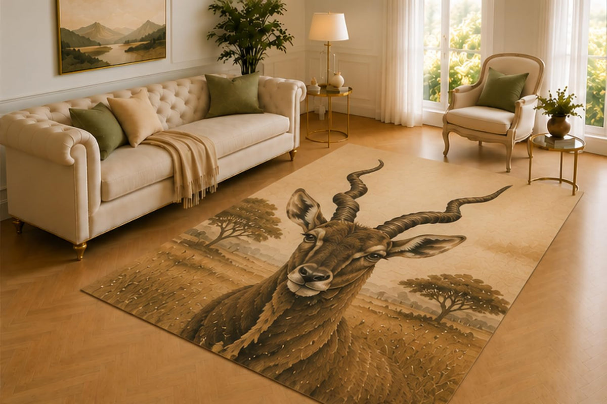 ICE ARMOR 5' x 7' Greater Kudu Rug, Spiral Horn African Antelope with Savanna Setting, Smooth Printed Floor Cover for Living Room, Bedroom, Office and Safari Decor
