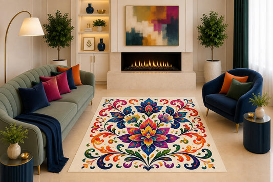 ICE ARMOR "Ultra Light Weight 5' x 7' Colorful Folk Art Floral Area Rug Boho Lotus Botanical Scroll Decor for Living Room Bedroom Dining Room Non-Slip Silicone Backing Low Pile