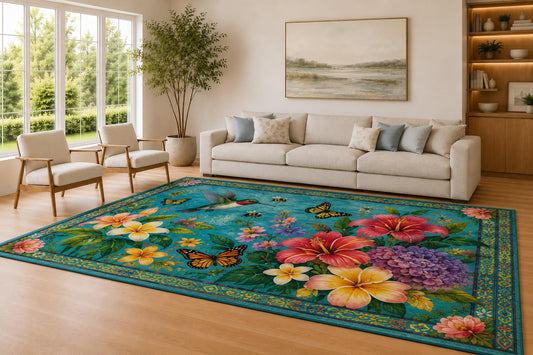 ICE ARMOR Large 6'7" x 9'10" Teal and Multi Color Tropical Bloom Accent Area Rug for Living Room, Soft Low Pile Carpet with Non-Slip Silicone Backing, Decor for Bedroom and Home Office