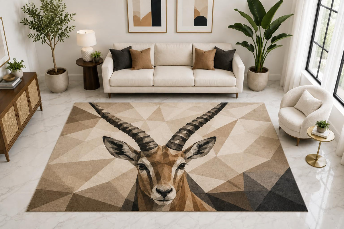 ICE ARMOR "Ultra Light Weight Large 6'7" x 9'10" Antelope Head Area Rug Carpet Soft Low Pile Indoor Rug and Non-Slip Silicone Backing Bedroom Brown