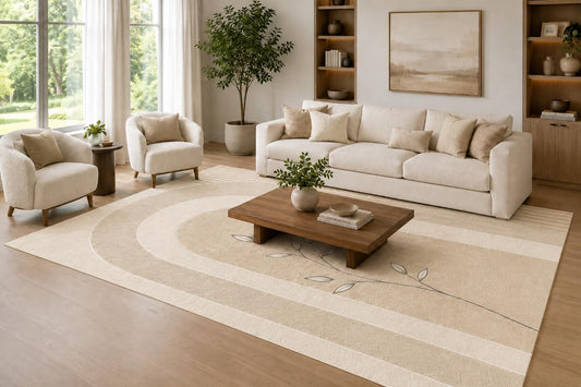 ICE ARMOR Large 6'7" x 9'10" Beige and Ivory Flowing Botanical Arc Area Rug for Living Room, Soft Low Pile Carpet with Non-Slip Silicone Backing, Decor for Bedroom and Home Office